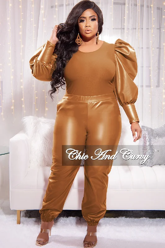 Final Sale Plus Size 2pc Faux Leather Puff Sleeve Top and Pants Set in Cognac