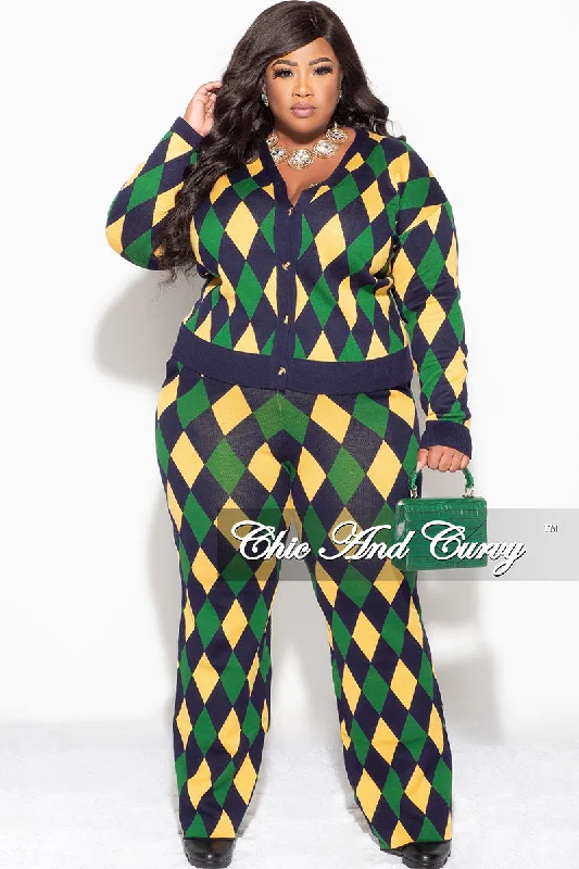 Final Sale Plus Size 2pc Button Up Sweater and Pant Set In Green and Yellow Diamond Print