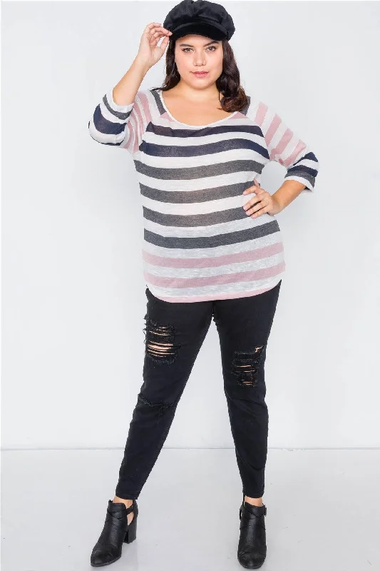 Plus Size Sheer Pink Navy & Grey Stripe Round Neck Top  /2-2