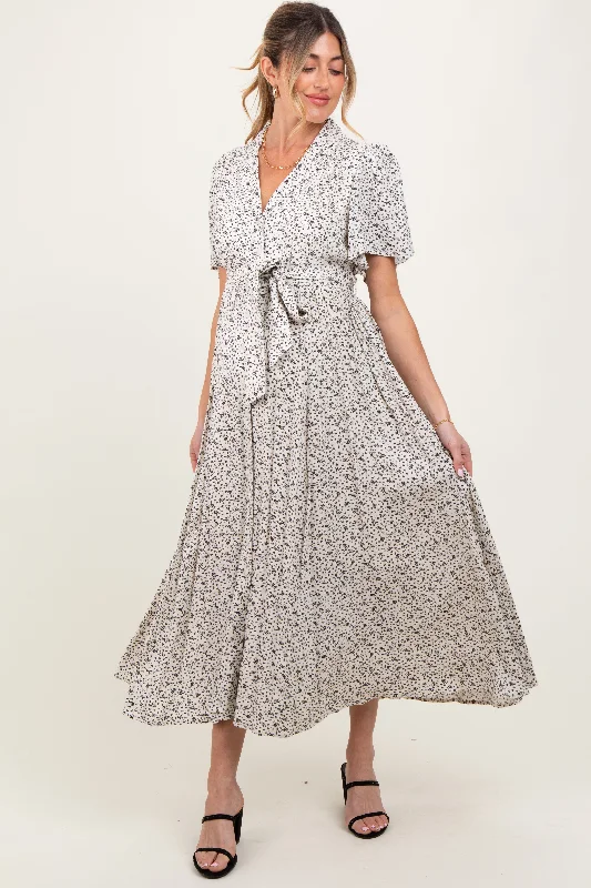 Cream Flutter Sleeve Button Down Maternity Maxi Dress