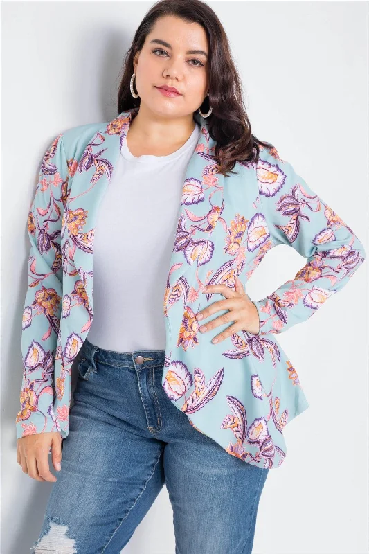 Plus Size Floral Print Blue Round Flounce Hem Blazer /2-2-1