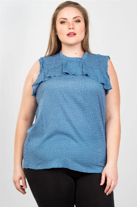 Blue Plus Size Ruffle Polka Dot Bow Back Sleeveless Top /1-2