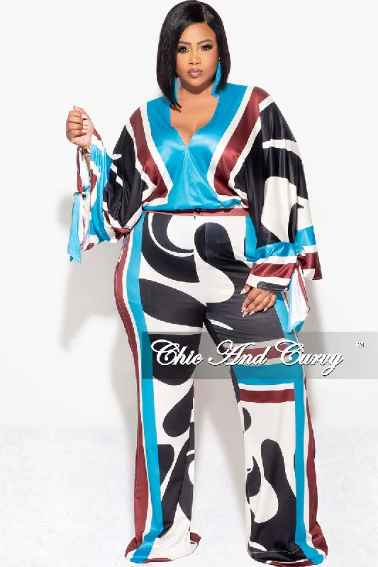 Final Sale Plus Size 2pc Satin Top and Palazzo Pants Set in Turquoise Design