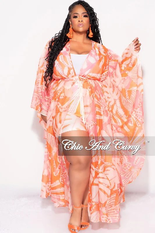 Final Sale Plus Size 2pc Set Chiffon Cover Up / Duster & Matching Shorts in Orange & Pink