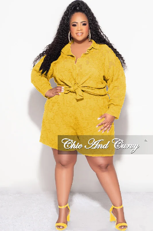 Final Sale Plus Size 2pc Collar Button Up Top And Short Set In Mustard