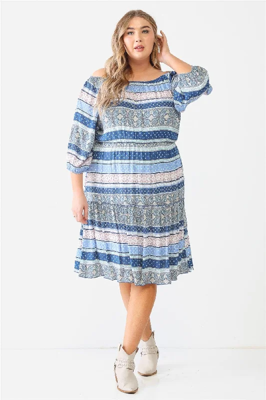 Junior Plus Blue Combo Printed Textured Ruffle Flare Hem Mini Dress /2-2-1