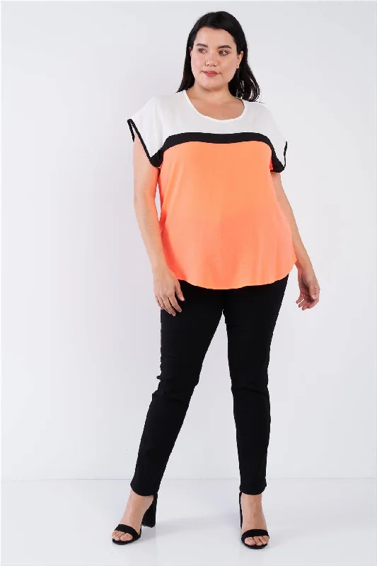 Junior Plus Size Neon Coral Colorblock Top /2-2-2