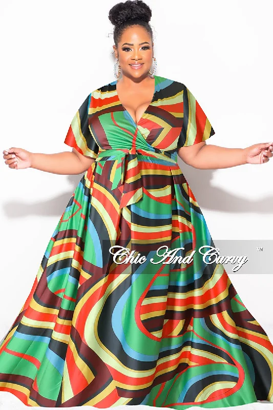 Final Sale Plus Size 2pc (Faux Wrap Crop Tie Top & Skirt) Set in Green Multi Color