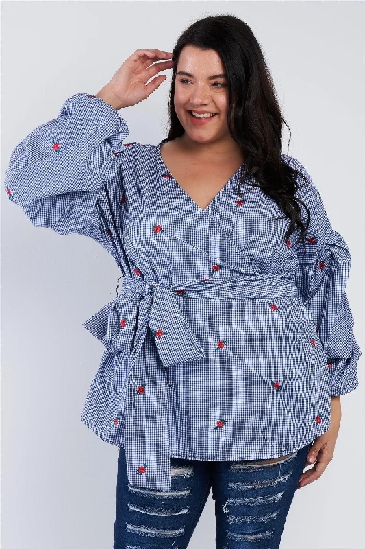 Junior Plus Size Navy Plaid  Waist Tie Top /3-2-1