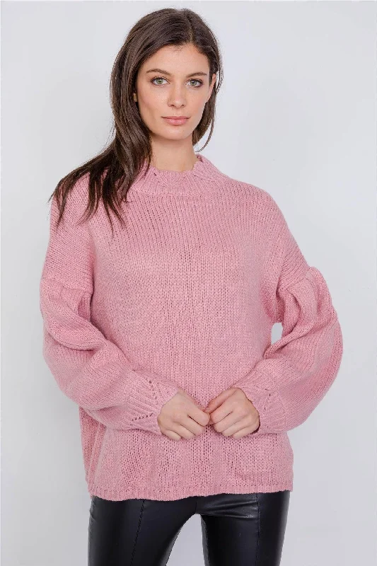 Mauve Crotchet Knit Drop Shoulder Casual Oversized Sweater /3-2-1