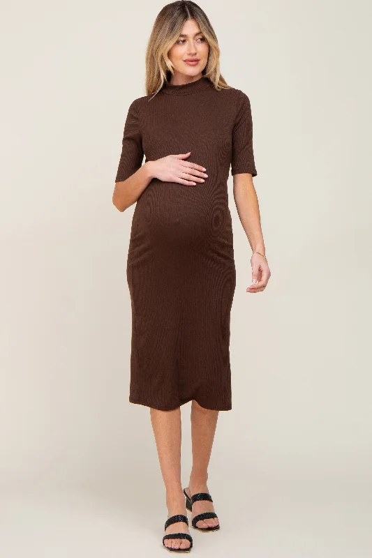 Brown Ribbed Mock Neck Maternity Midi Dress