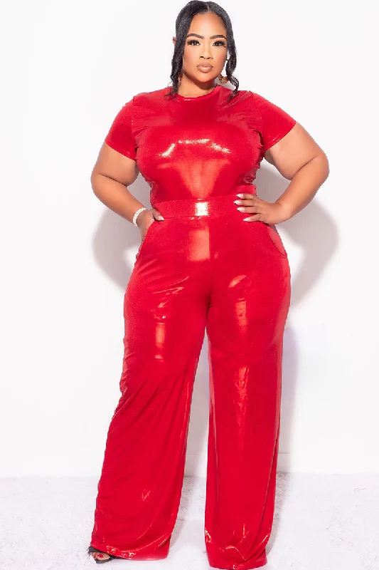 Final Sale Plus Size 2pc Crop Top & Palazzo Pant Set in Metallic Red