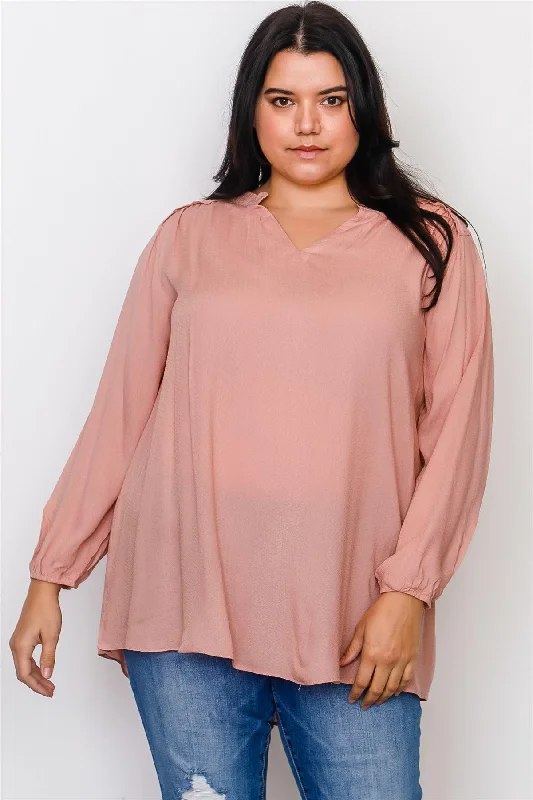 Plus Size Blush V Neck Hi-Low Frill Trim Top /2-2-2