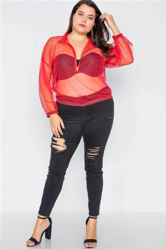 Plus Size Red Sheer Chiffon Front Zipper Jacket