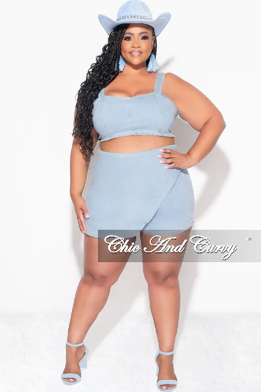 Final Sale Plus Size 2pc Strapless Crop Top and Skort Set in Light Denim