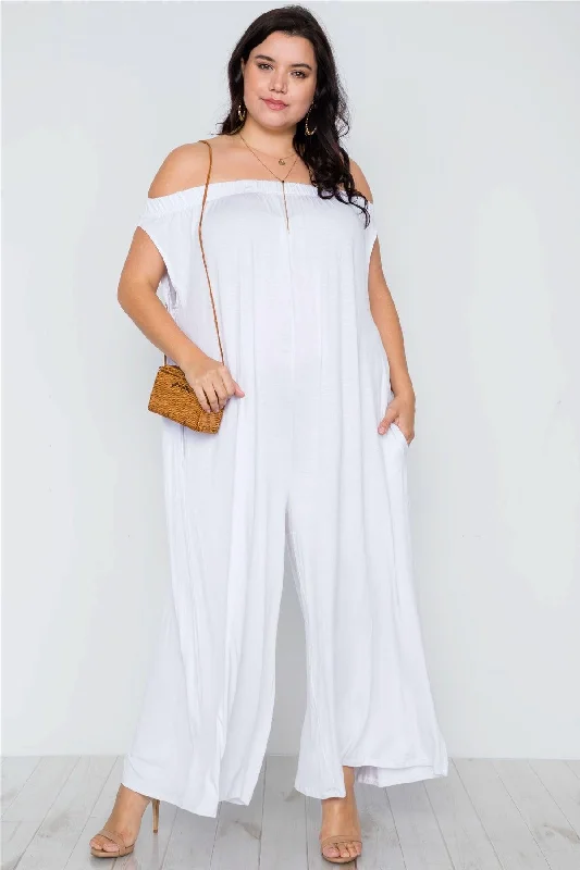 Plus Size White Off-The-Shoulder Loose Fit Jumpsuit / 1-3-3