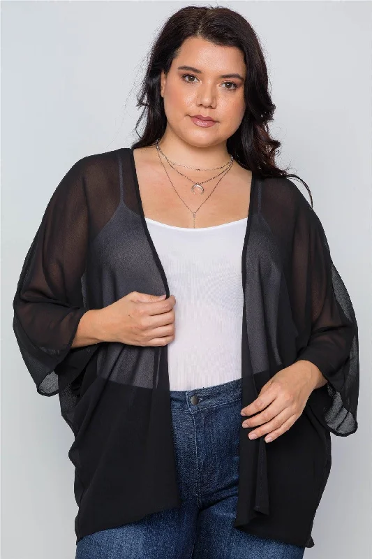 Plus Size Black Sheer Batwing Sleeves Cover Up /3-3