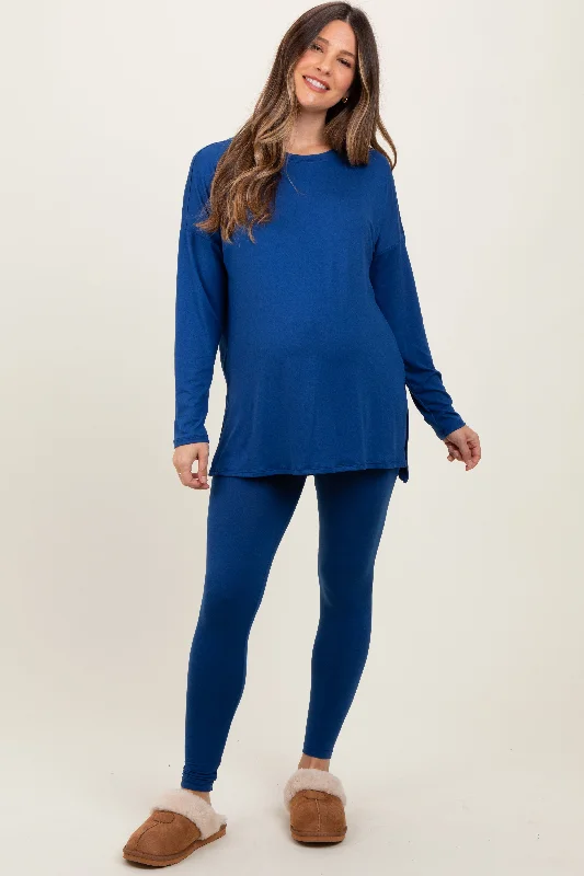 Navy Brushed Knit Maternity Oversized Top and Legging Set