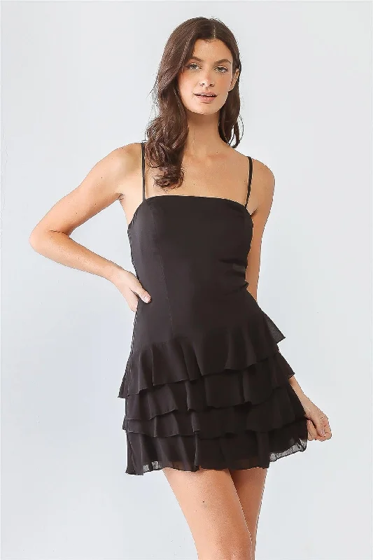 Black Strappy Ruffle Flare Hem Mini Dress /3-1-1