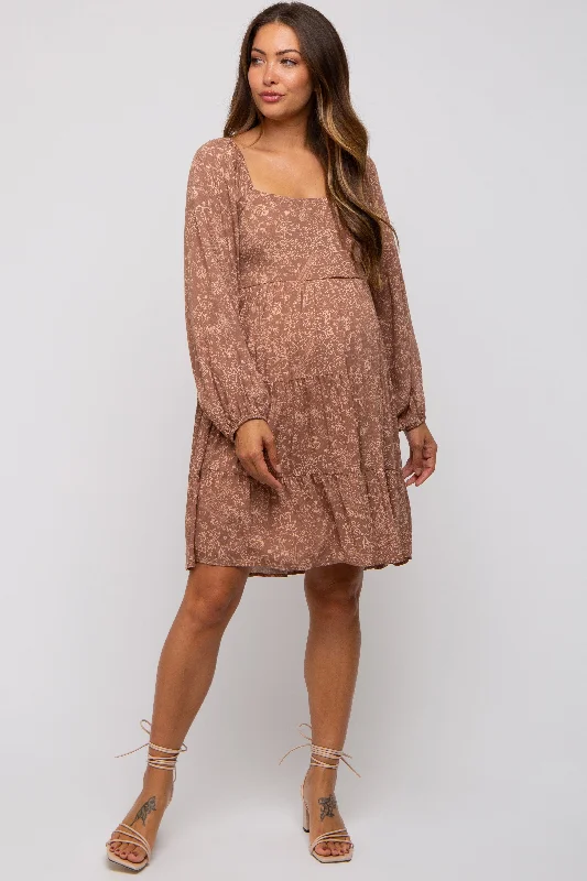 Mocha Floral Tier Long Sleeve Maternity Dress