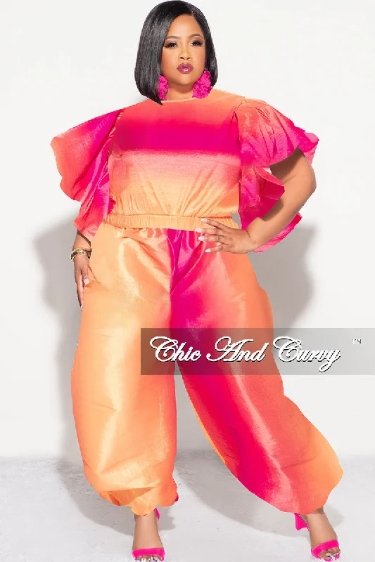 Final Sale Plus 2pc Ruffle Top and Balloon Pants Set in Fuchsia Ombre Color Print