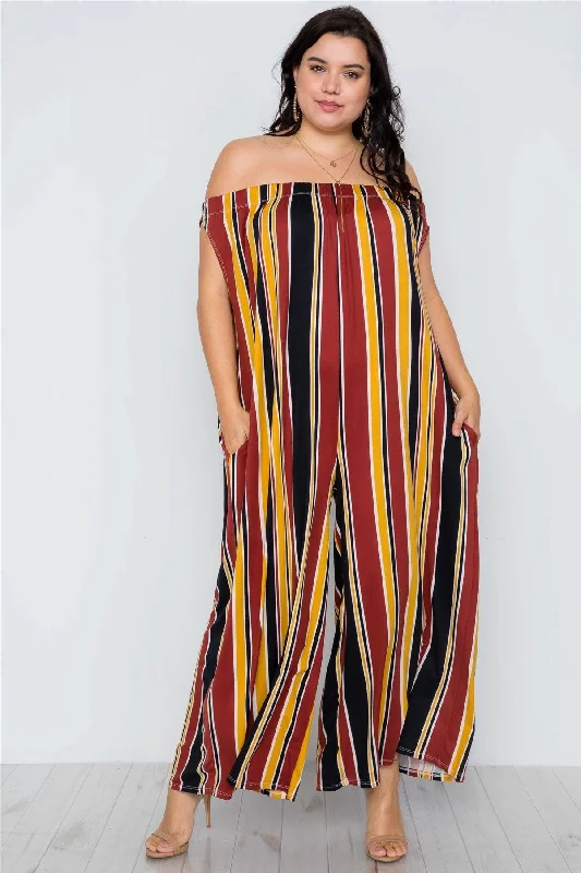 Plus Size Mustard Brown Off-The-Shoulder Stripe Jumpsuit