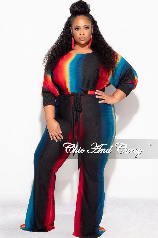 Final Sale Plus Size 2pc Ribbed Tie Top and Pants Set In Black, Teal & Red