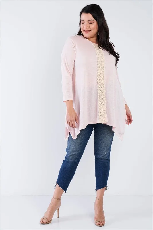 Junior Plus Size Blush Lace Embroidered Long Sleeve Top /1-2-2