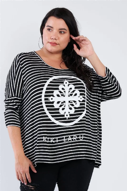 Junior Plus Size Black White Stripe Scoop Neck Relaxed Fit "KIKI LARUE" Top  /3-2-1