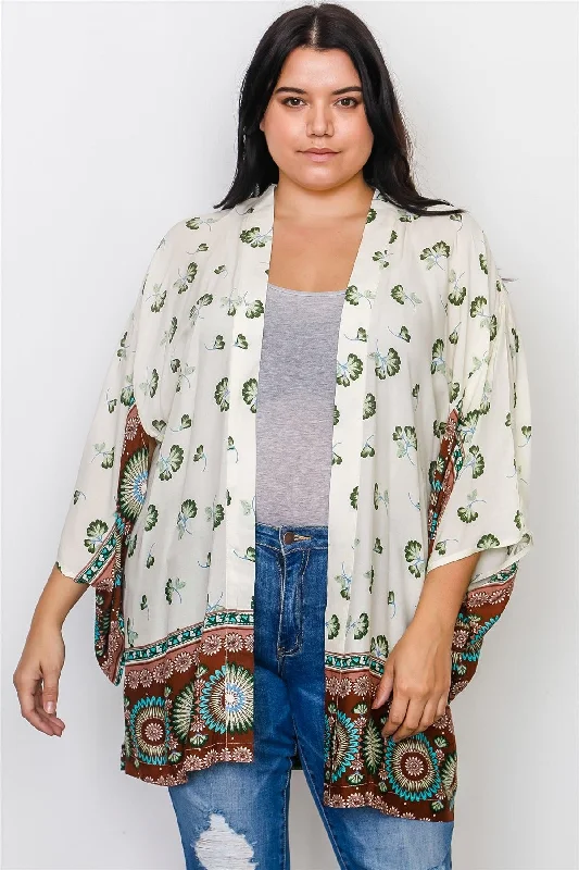 Plus Size Cream Mix Print Open Front Kimono / 2-2-2