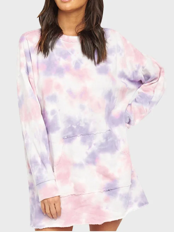 XL S Pocketed Tie-Dye Round Neck Long Sleeve Dress