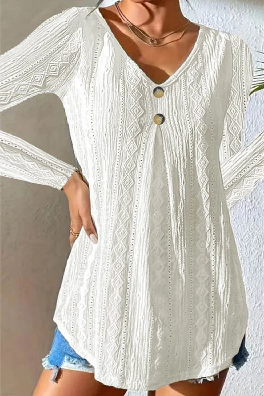 white L V-Neck Long Sleeve Blouse