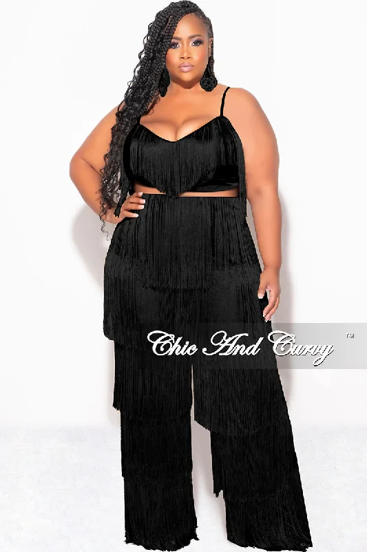 Final Sale Plus Size 2pc Fringe Layered Bra Top and Pants Set In Black