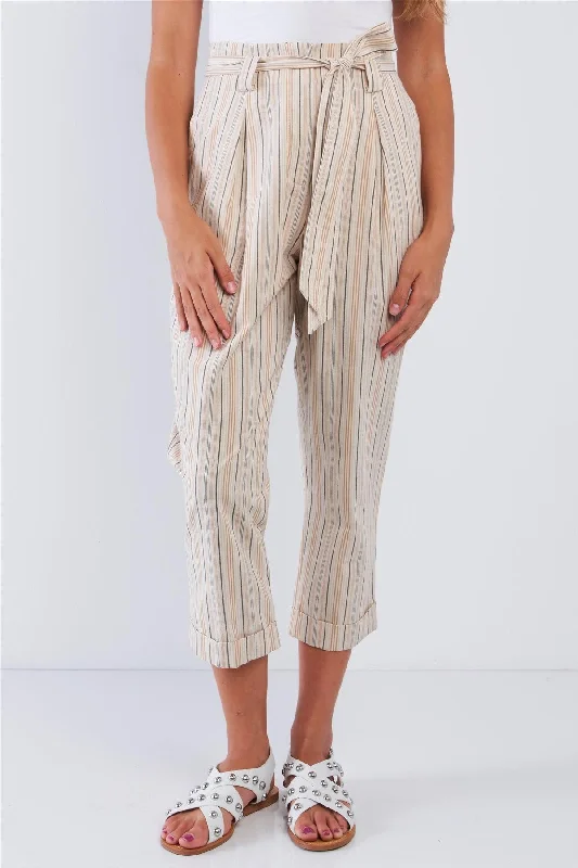 Natural Yellow Taupe Striped High Waisted Tapered Folded Hem Pant /