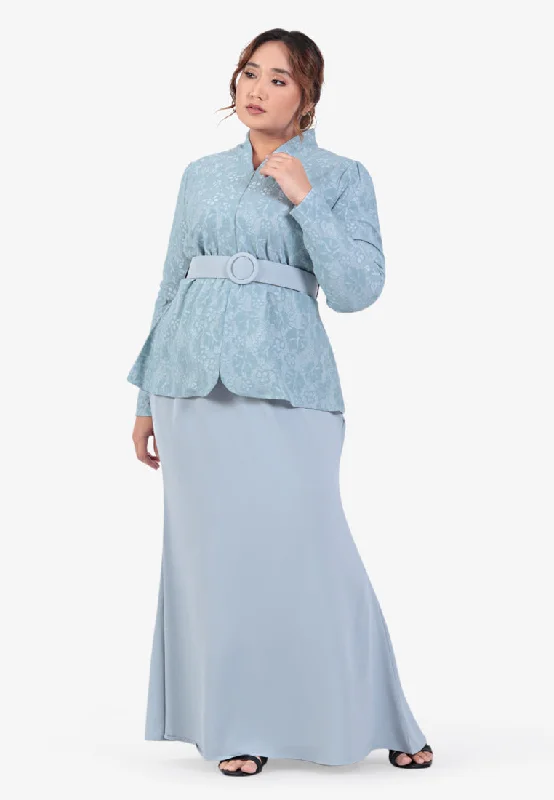 Lamia Raya Elegant Belted Lace Kurung Set - Light Blue