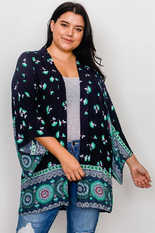 Plus Size Navy Mix Print Open Front Kimono /2-2-2