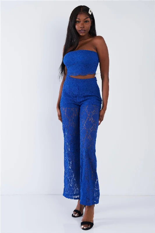 Royal Blue Floral Lace Bandeau & Flare High Waist Boho Pant Set  /2-2-2