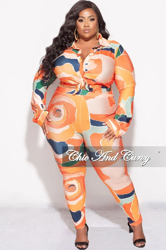 Final Sale Plus Size 2pc Button Up Collar Top and Pants Set in Orange Multi Color Design Print