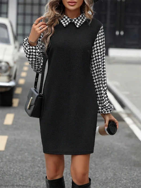 Houndstooth Collared Neck Long Sleeve Mini Dress