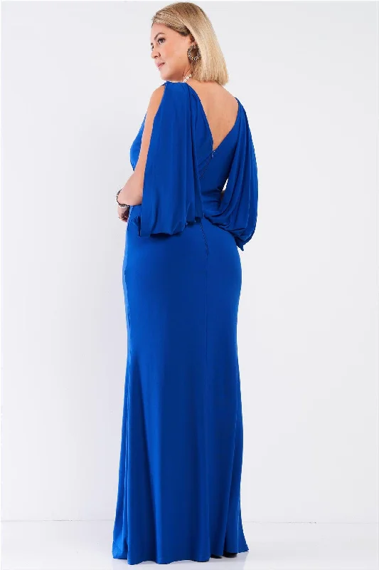 Junior Plus Royal Blue Drapd Back V-Neck Sleeveless Maxi Dress /1-1-1