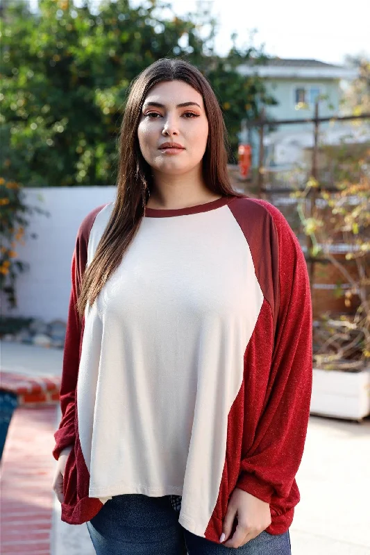 Junior Plus Stone & Burgundy Colorblock Dolman Sleeve Oversized Top /2-2-2