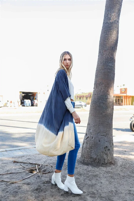 Navy & Cream Tie-Dye Gradient Open Front Oversized Midi Kimono/Cover Up