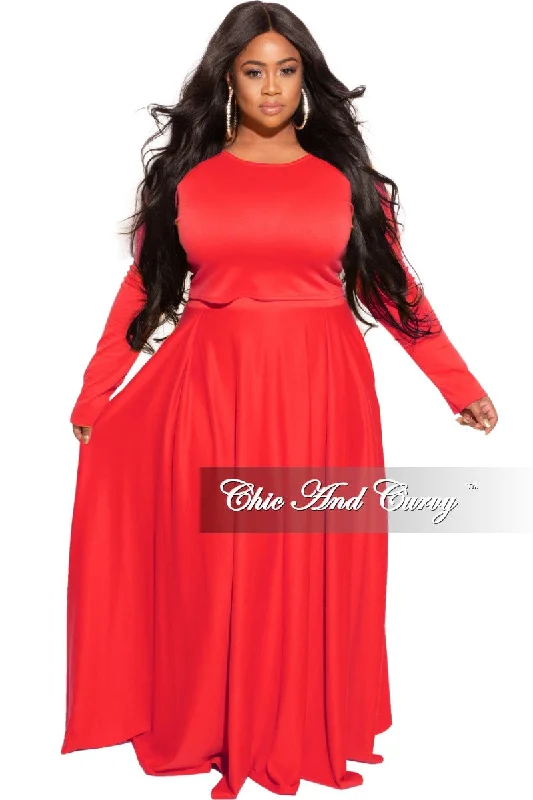 Final Sale Plus Size 2pc Maxi Skirt Set with Round Neck in Red