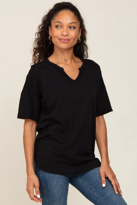 Black Oversized V-Neck Cuffed Short Sleeve Tee