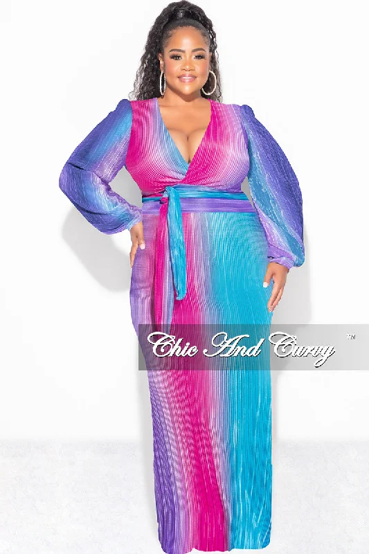 Final Sale Plus Size 2pc Long Sleeve Crop Tie Top and Skirt Set in Pleated Purple Magenta and Turquoise