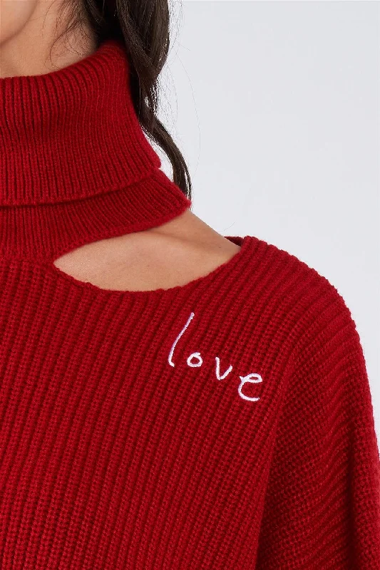 Fire Red "LOVE" Graphic Oversized Dolman Sleeve Shoulder Cutout Loose Fit Turtleneck Sweater /2-2-2-2