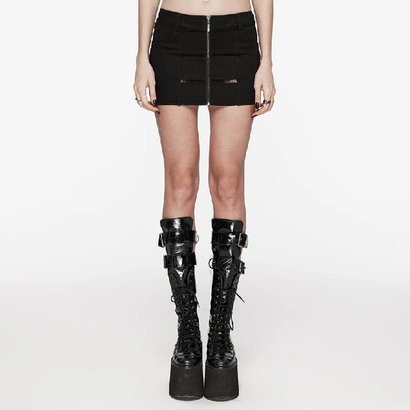 Women's Punk Mesh Splice Zipper Skirt Black