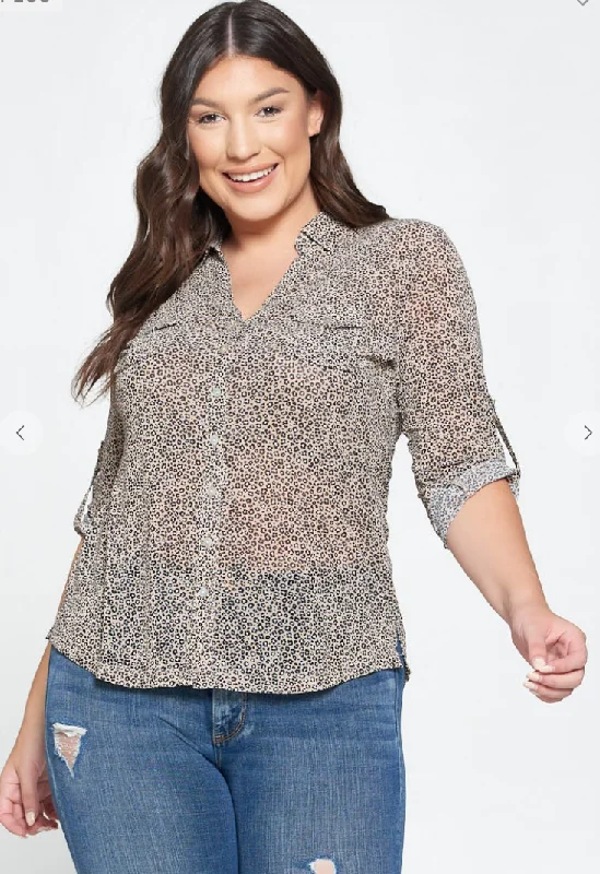 Mesh Animal Printed Button Blouse with Pocket