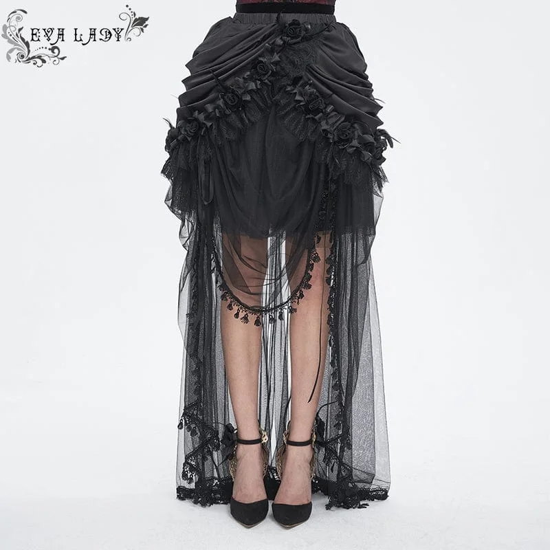 Women's Gothic Drawstring Rose Mesh Splice Skirt