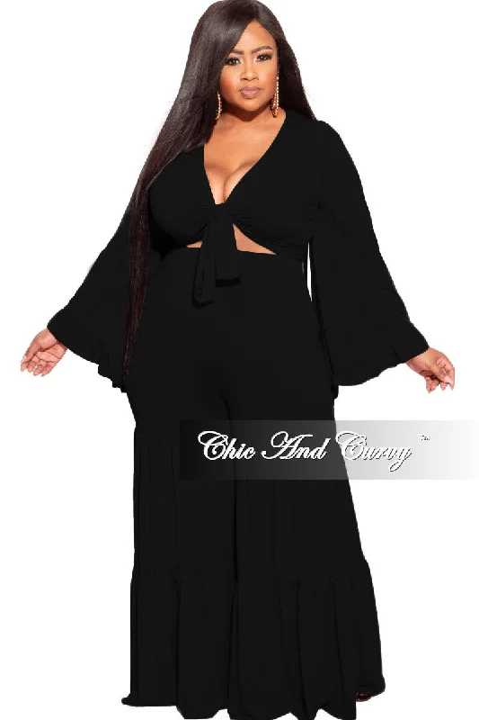 Final Sale Plus Size 2pc Bell Sleeve Crop Tie Top and 3-Layer Pants Set in Black